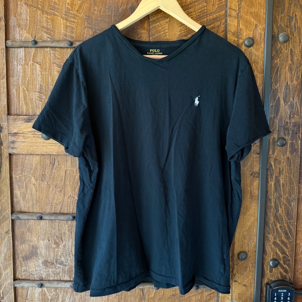 Polo Ralph Lauren Mens V-Neck T-Shirt Black Short Sleeve Pony Logo Size Large